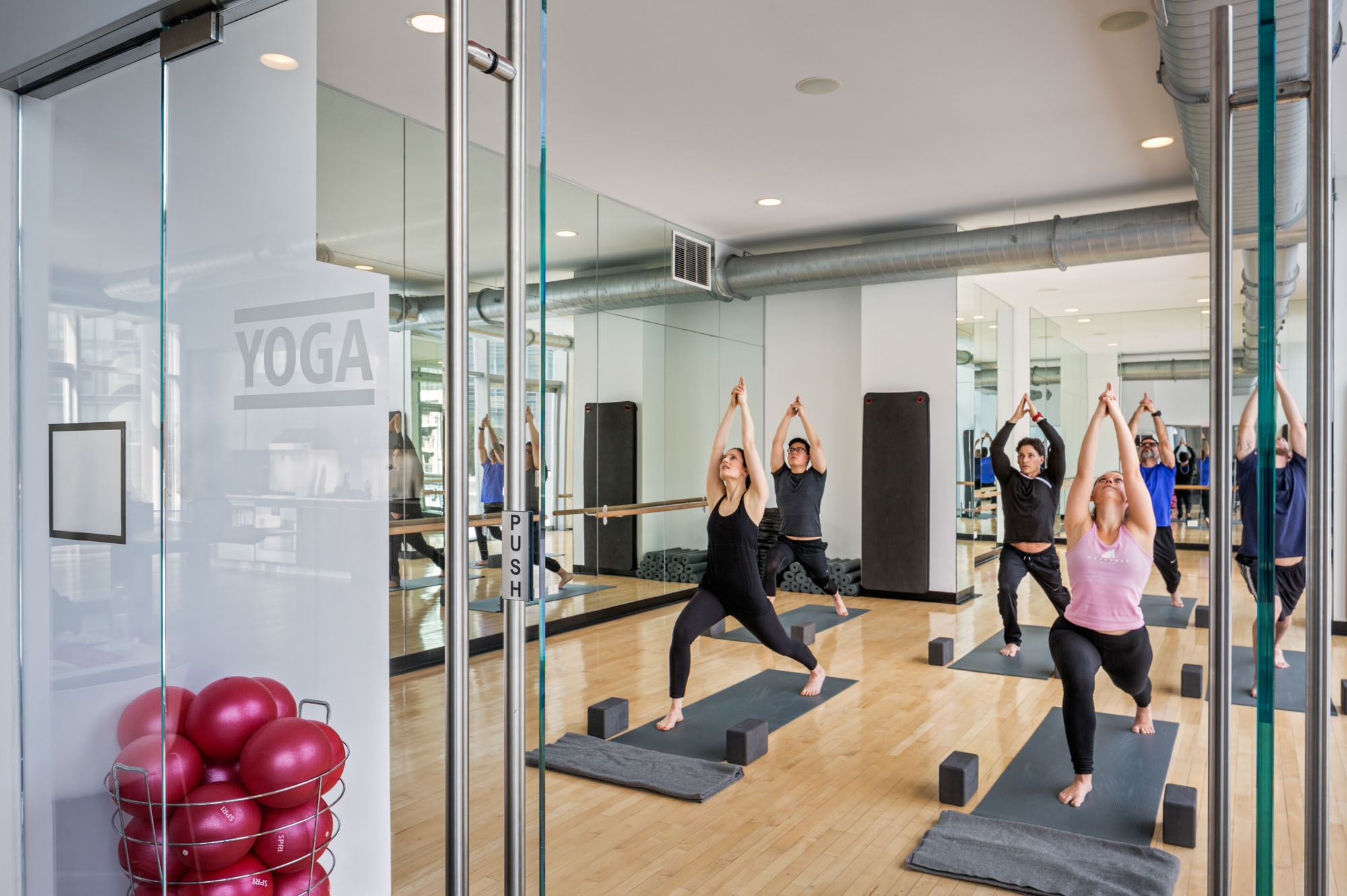 a group of people standing in a room