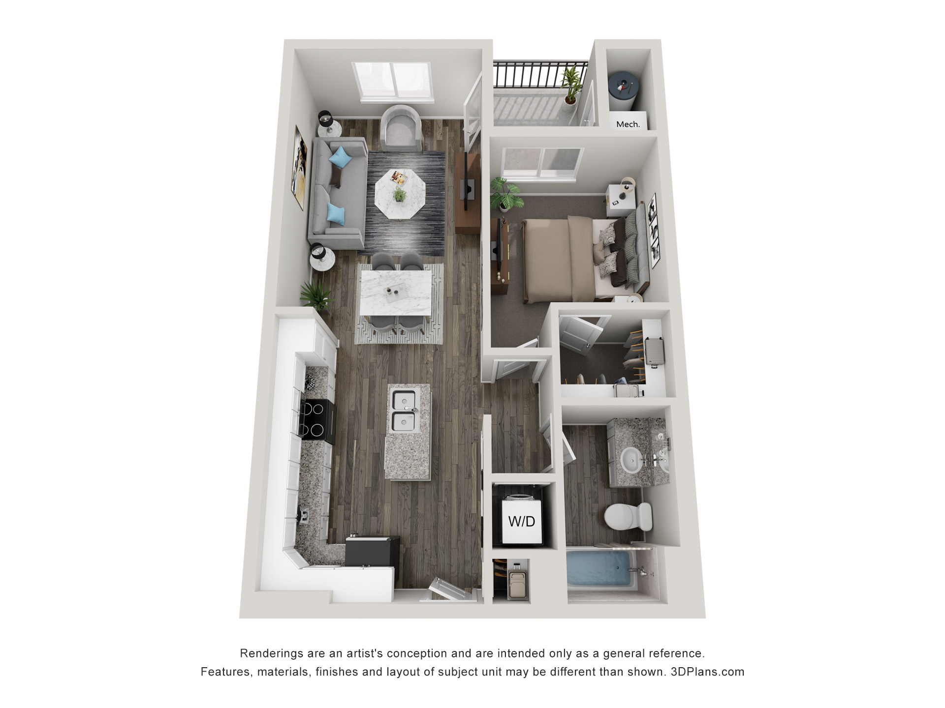 1x1 - 708 sqft - A1a floorplan