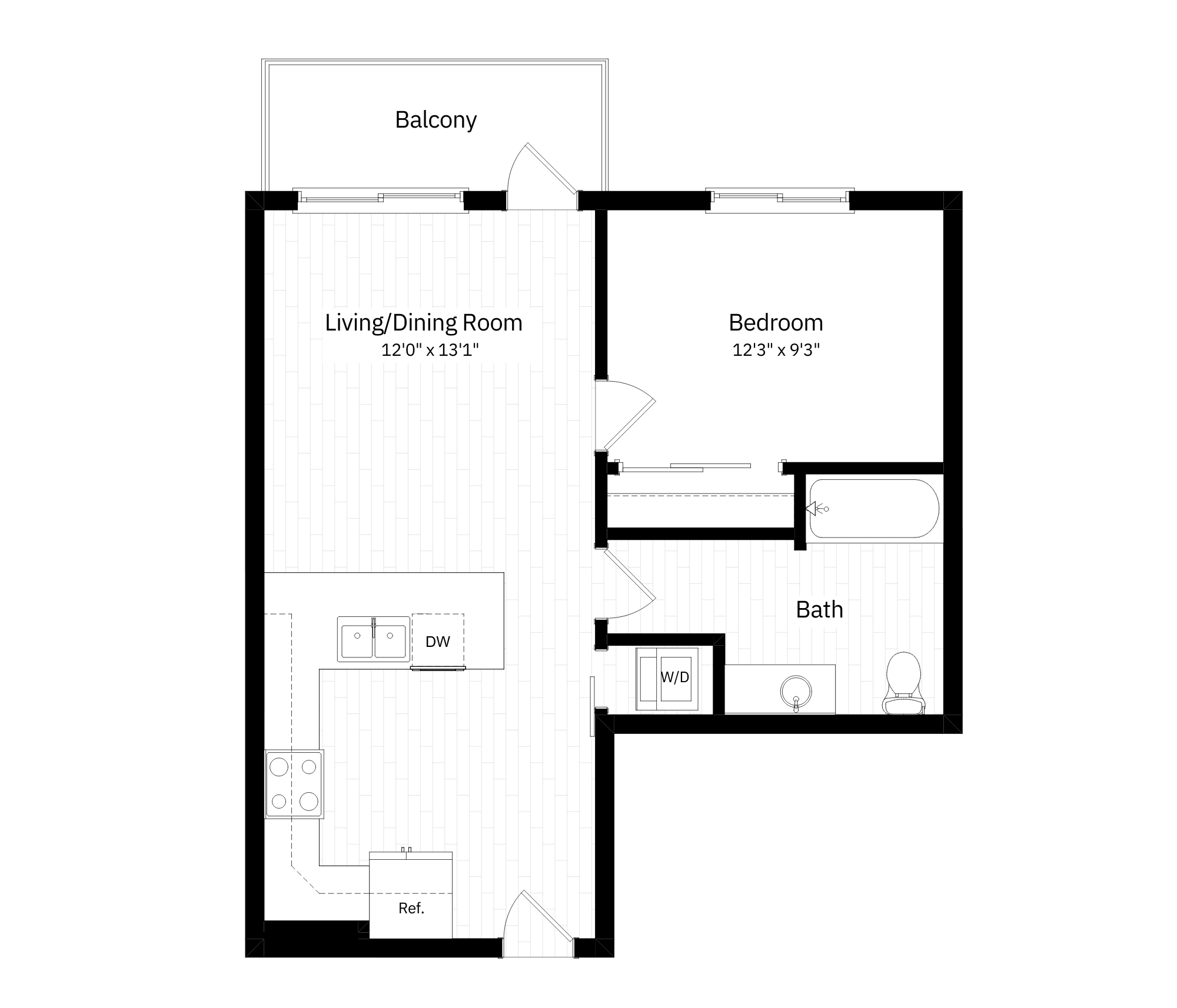 1x1 - 605 sqft - A2 floorplan