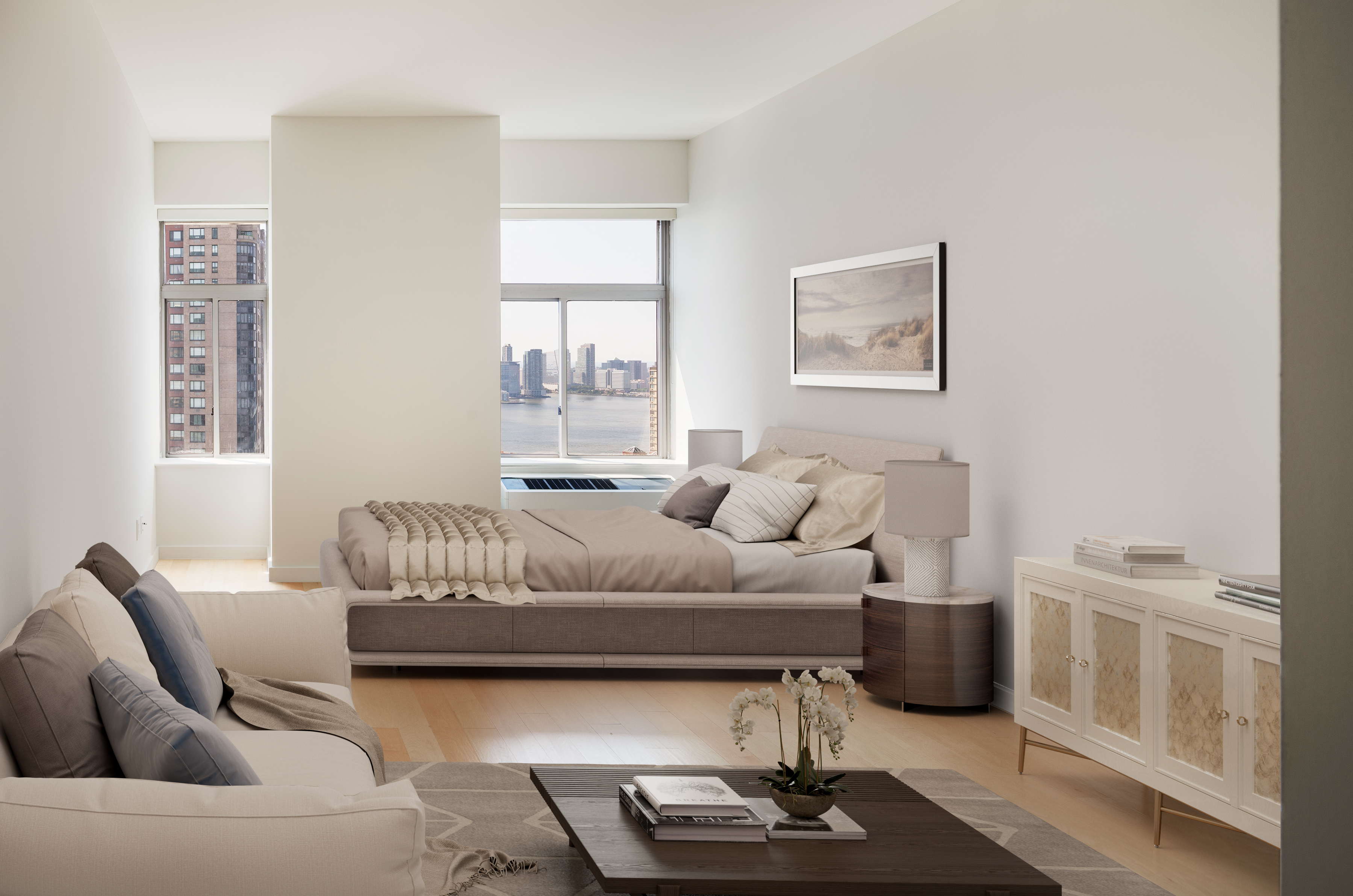 a living room filled with furniture and a large window